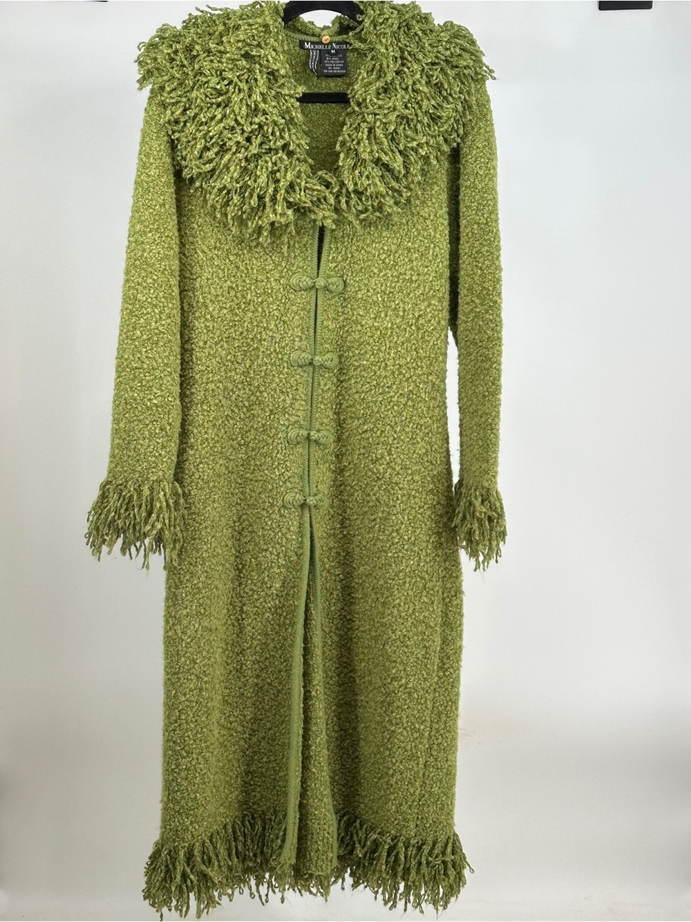 Michelle Nicole Vintage Y2K Med Olive Green Bouclé Trench Duster Cardigan Fringe